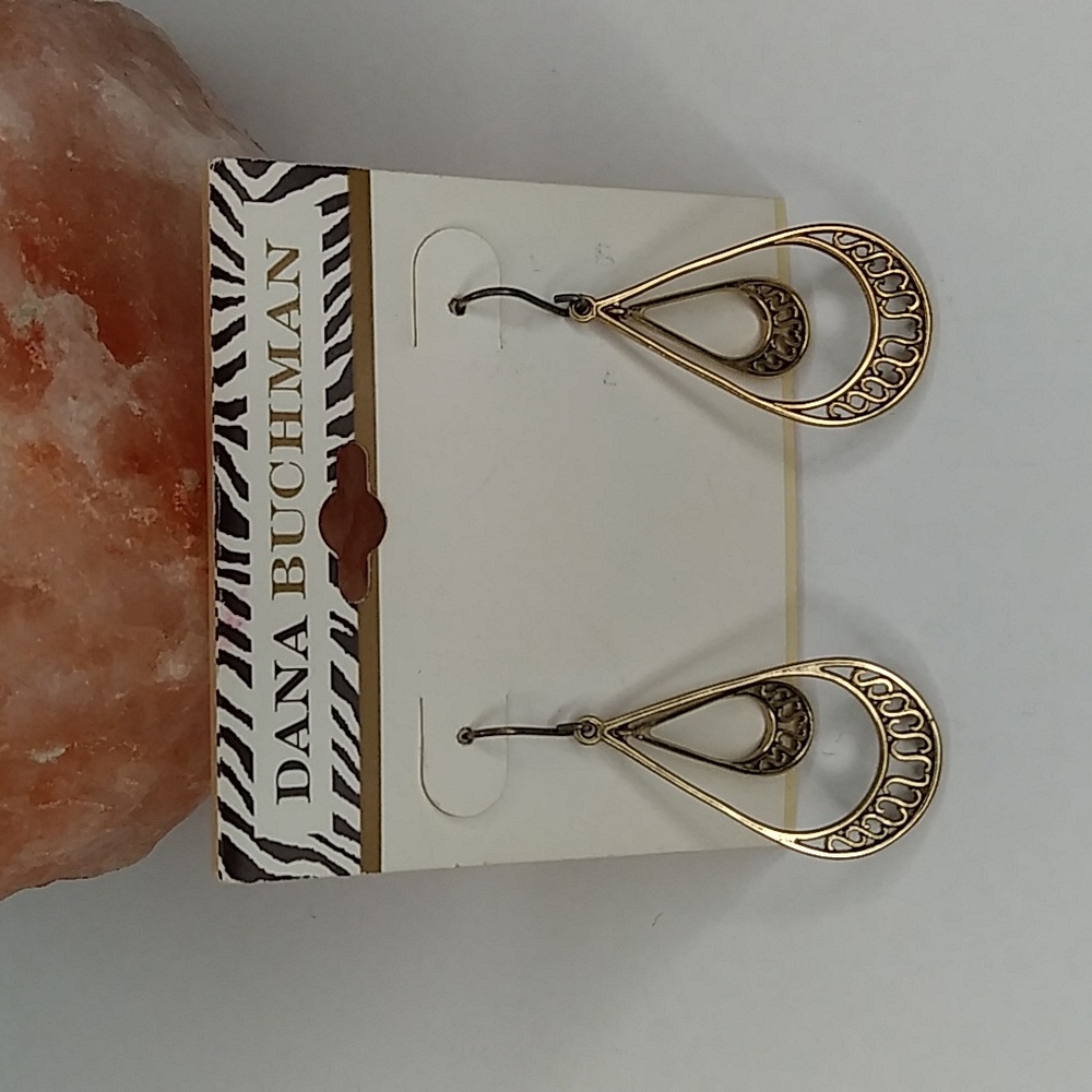 Dana Buchman Earrings Old Gold Tone Double Dangle Tear Drop